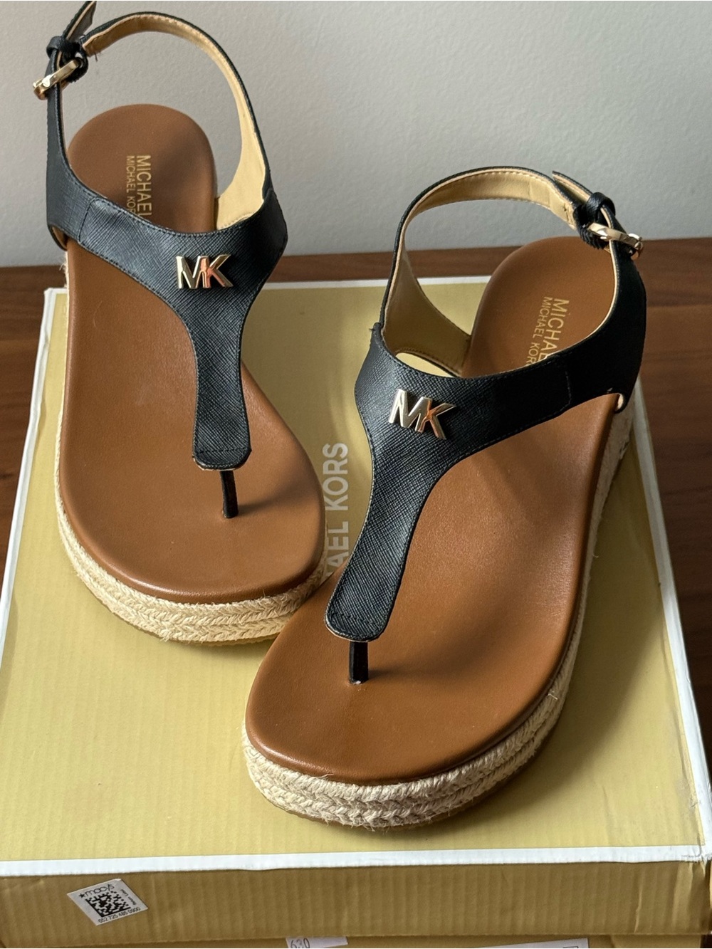 Michael Kors Black Leather Thong Espadrille Wedge Sandals with Gold MK